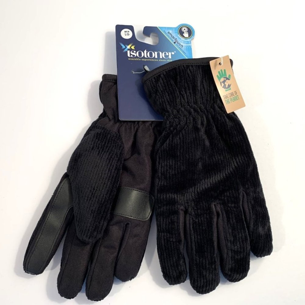 Men's ISOTONER Black SMART TOUCH Gloves Fleece Lined NWT Size LARGE